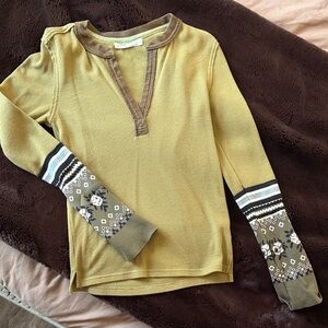 Free People Long Sleeve Thermal Top with Patterned Cuffs - Olive Green